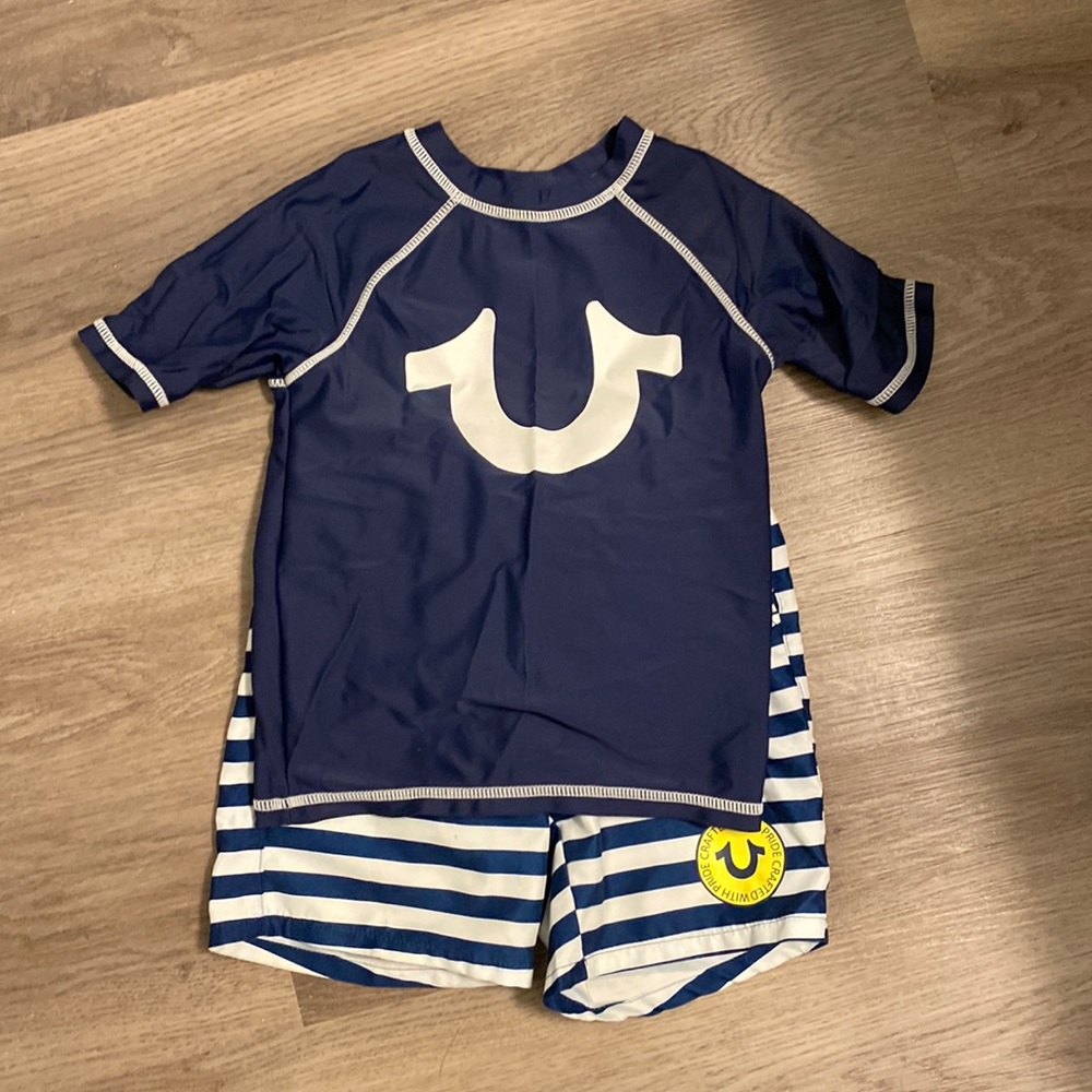 True Religion swim trunks and rashguard 4T